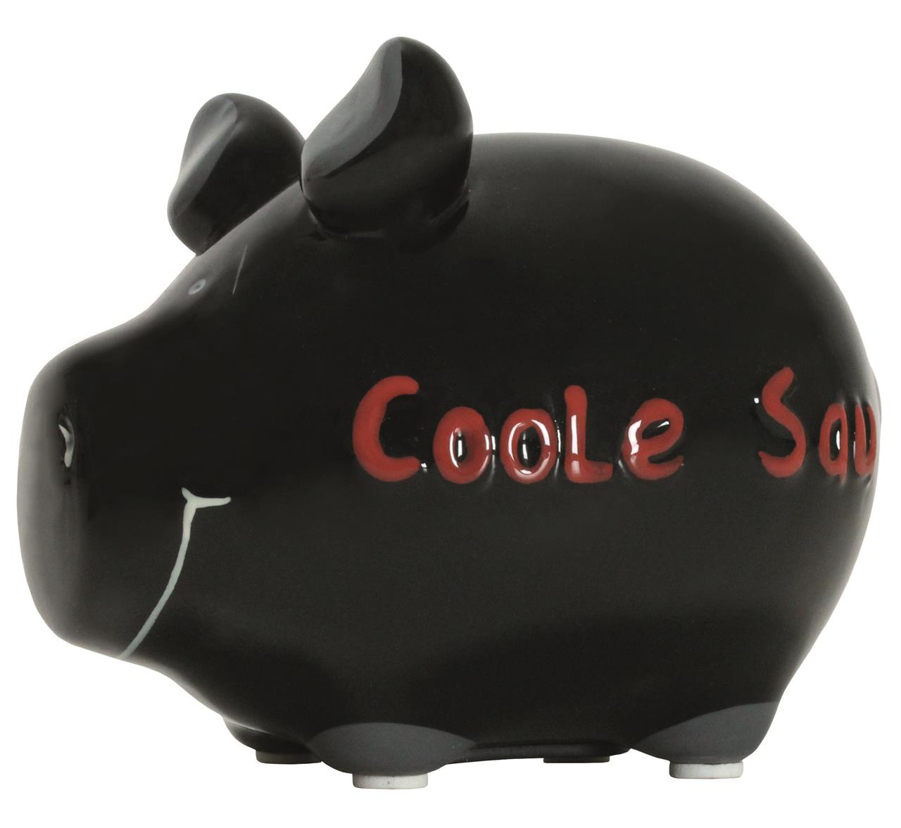 Auf dem Bild ist ein schwarzes Sparschwein zu sehen. Auf der Seite steht in roten Buchstaben "Coole Sau".