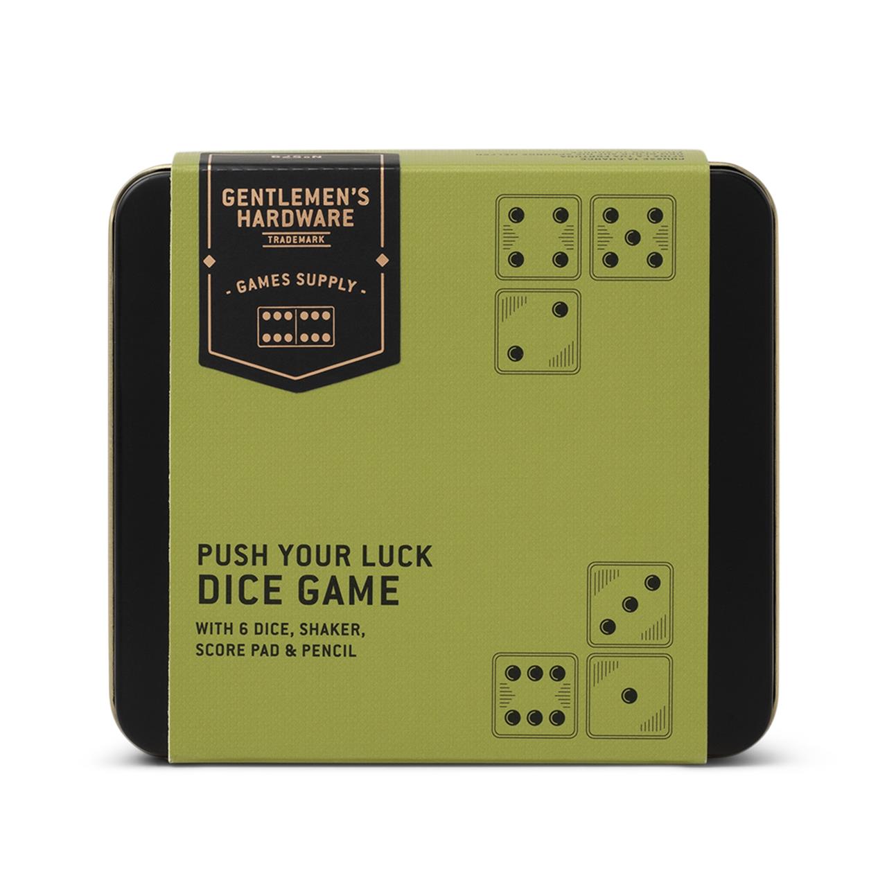 Das Bild zeigt eine grüne Metalldose mit dem Spiel "Push Your Luck Dice Game" darauf. Auf der Dose steht, dass das Spiel sechs Würfel, einen Becher, einen Spielblock und einen Stift enthält.