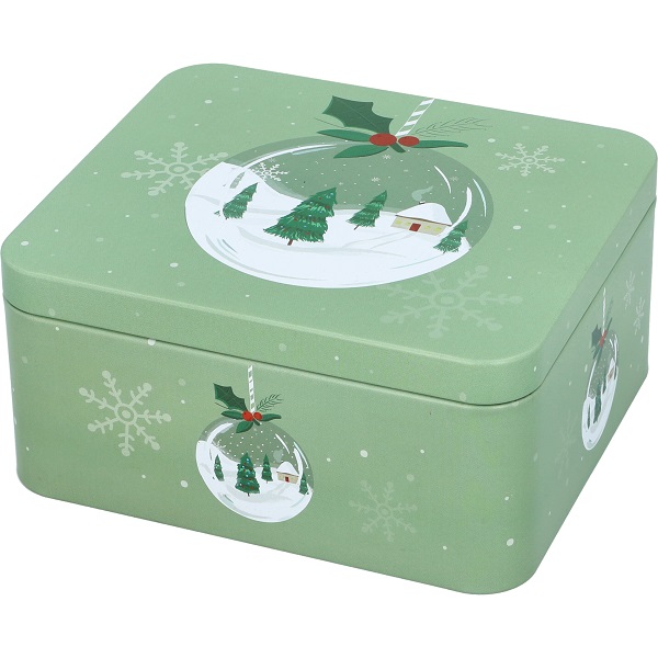 Eine Gebäckdose mit Christmas Tree Motiv in eckiger Form, Größe M. Sie eignet sich gut zum Lagern von Plätzchen.