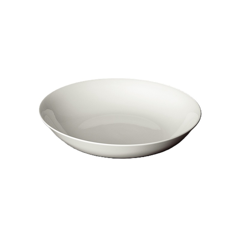 Zu sehen ist ein tiefer Pastateller aus Fine Bone China, 26 cm im Durchmesser und reinweiß. Er ist hervorragend zum Servieren von Pasta oder anderen Gerichten geeignet.
