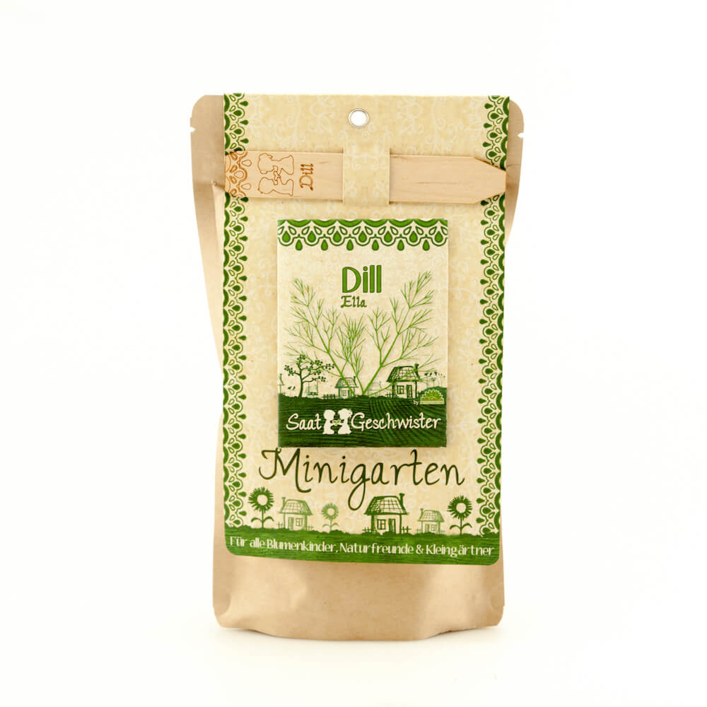 Auf dem Bild ist eine Packung "Minigarten Dill" zu sehen. Die Verpackung ist beige mit grünen Verzierungen und trägt die Aufschrift "SaatGeschwister".