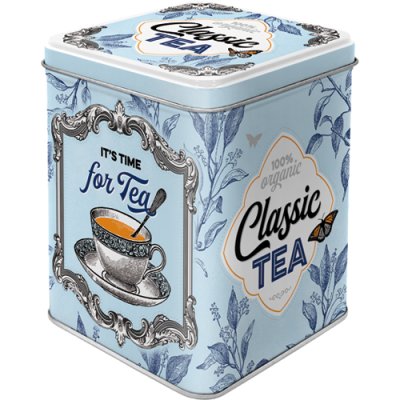 Die Abbildung zeigt eine hellblaue Teedose mit der Aufschrift „Classic Tea“. Auf der Dose sind eine Teetasse und dekorative Muster abgebildet.