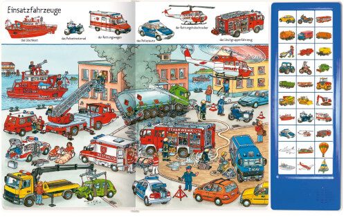 Das Bild zeigt verschiedene Einsatzfahrzeuge wie Feuerwehr, Polizei und Krankenwagen im Einsatz. Rechts befindet sich eine blaue Tafel mit Bildern und Symbolen der verschiedenen Fahrzeuge.
