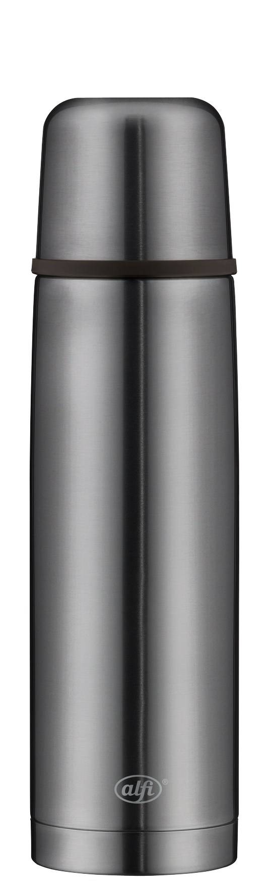 Auf dem Bild ist eine silberne Thermosflasche zu sehen. Sie ist aus Edelstahl und hat das Logo "alfi" auf der Vorderseite.