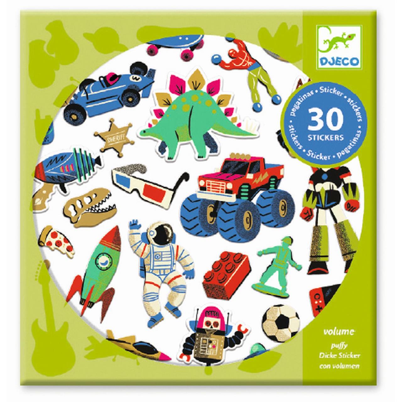 Das Bild zeigt eine Packung mit 30 bunten Stickern zum Thema Retro-Spielzeug. Auf den Stickern sind Motive wie Dinosaurier, Roboter, Autos und Raketen abgebildet.