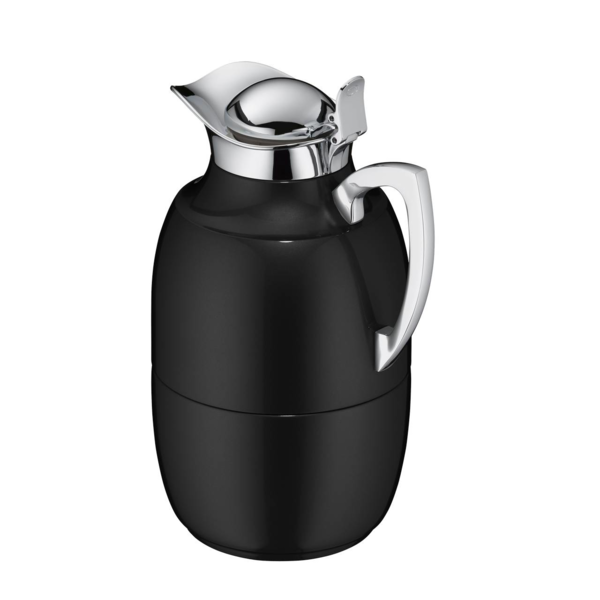 Eine glänzende, polierte schwarze Isolierkanne ist zu sehen. Sie hat ein modernes Design.