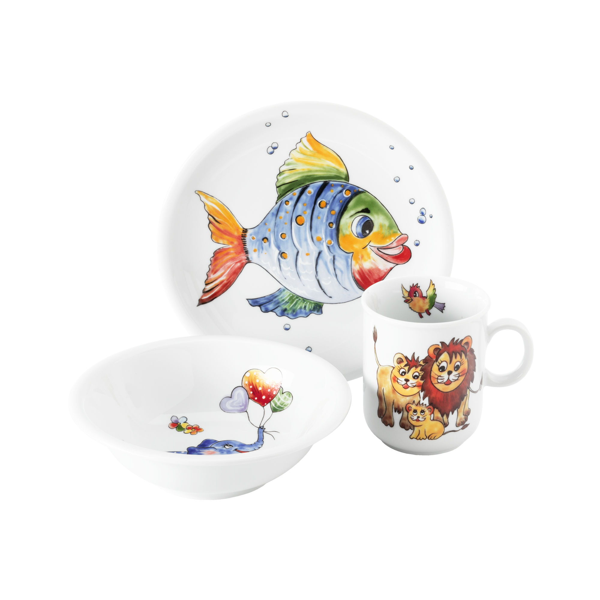 Abgebildet ist das Kinder-Set 3-teilig W 'Bunte Tierwelt'. Das Set eignet sich für Kinder und zeigt bunte Tiermotive.