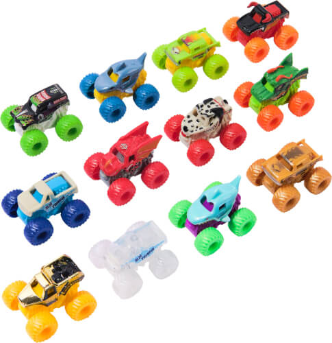 Das Bild zeigt eine Sammlung von bunten Spielzeugautos mit großen Rädern. Jedes Auto hat ein einzigartiges Design und leuchtende Farben.