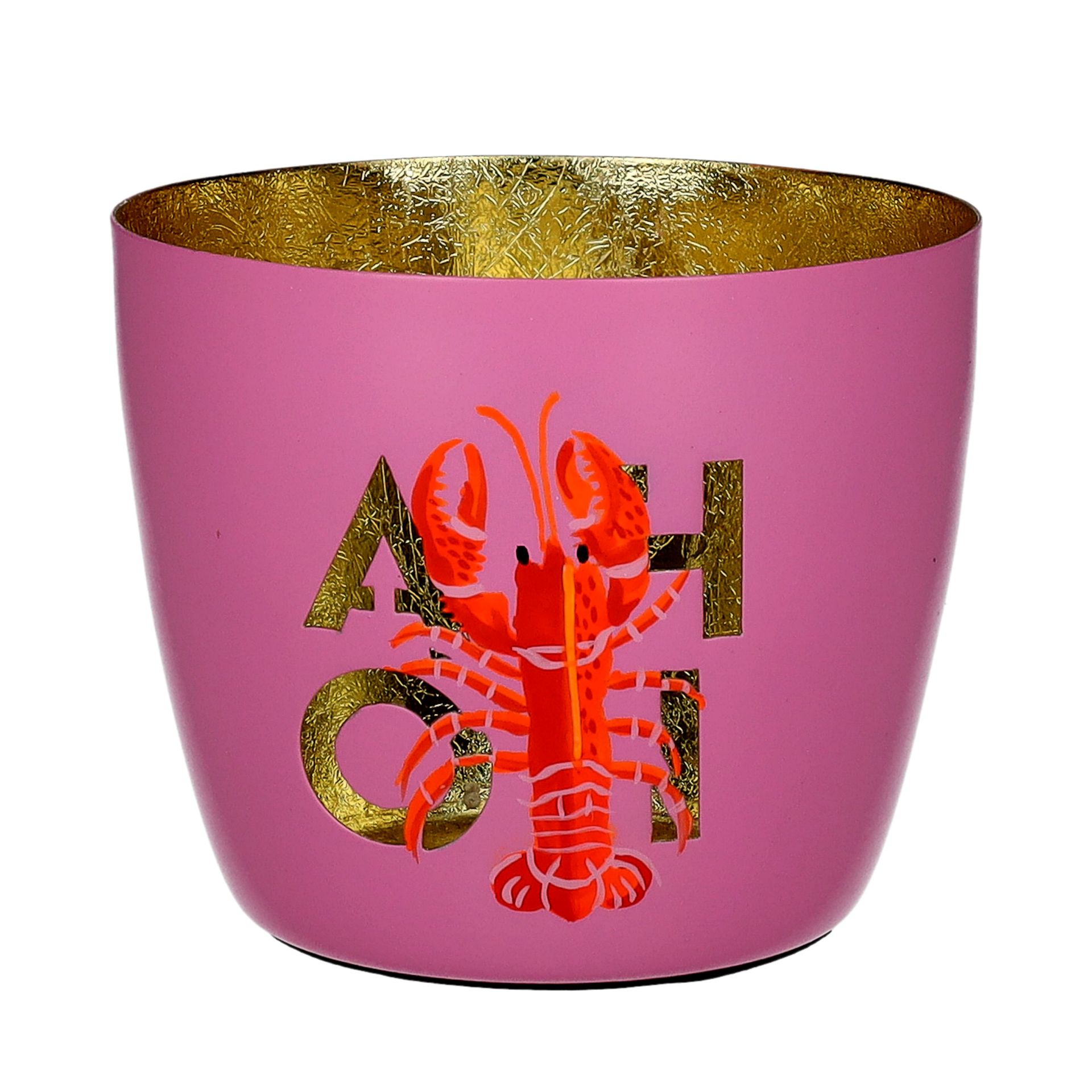 Abgebildet ist das Windlicht 'Madras' in Größe M mit dem Motiv 'Ahoi/Hummer' in rosa und gold. Das Windlicht eignet sich ideal als maritime Dekoration.