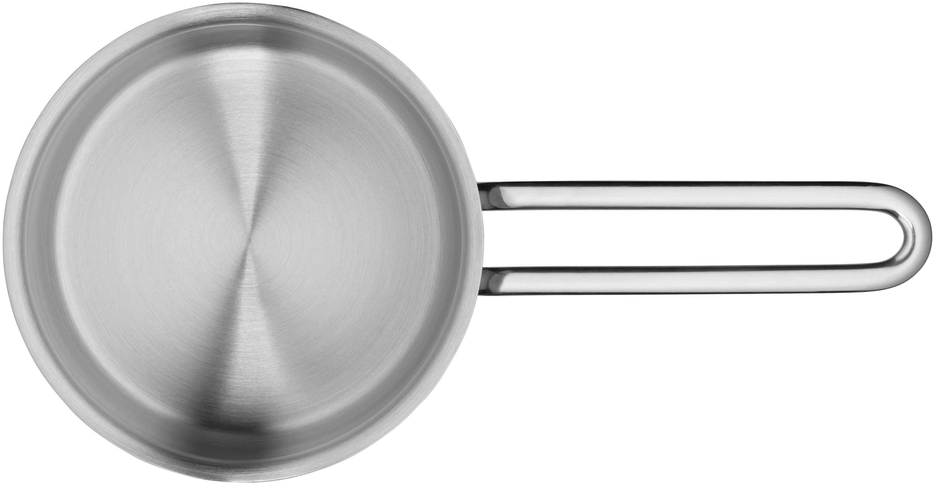 Dies ist eine silberne Bratpfanne aus Metall, die von oben zu sehen ist. Sie hat einen langen, offenen Griff auf der rechten Seite.