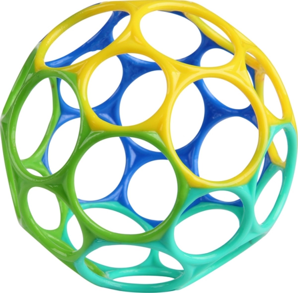 Das Bild zeigt einen Oball Original in der Größe 10 cm. Der Ball ist in den Farben Blau, Gelb und Grün gestaltet und hat große, runde Öffnungen.
