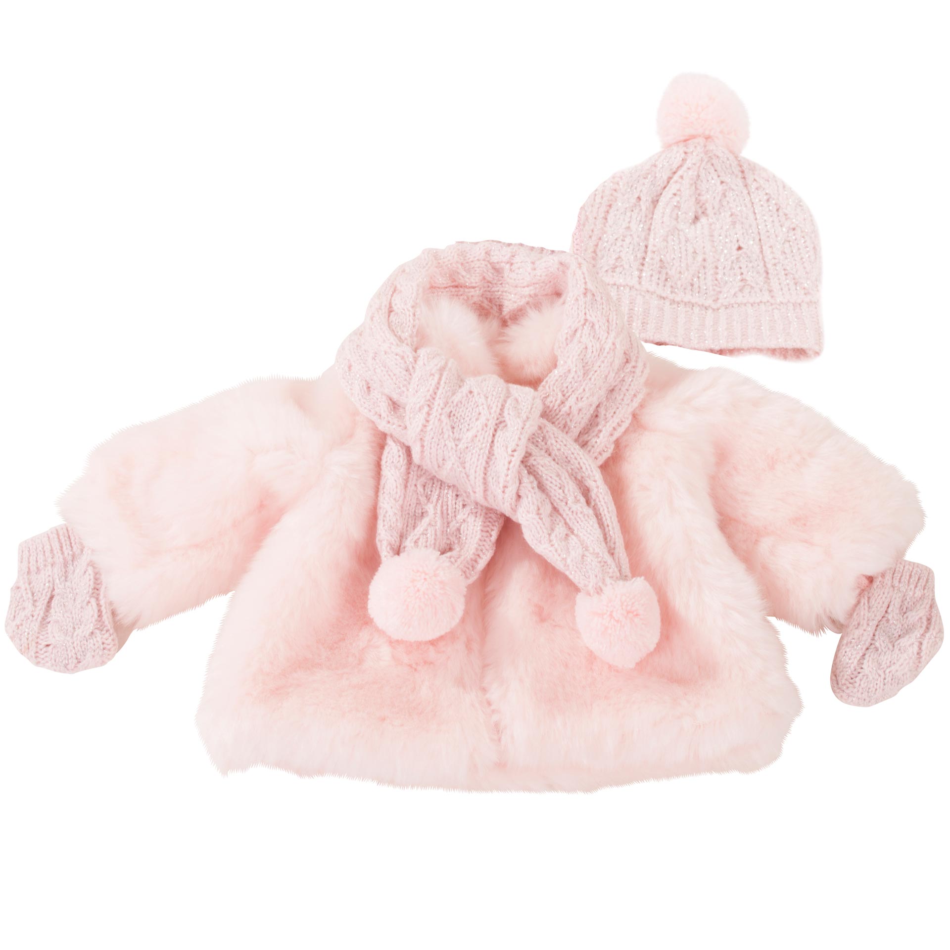 Das Bild zeigt die Babykombi Pink Winter für Puppen mit einer Größe von 30 oder 36 cm. Das Outfit besteht aus winterlichen rosa Kleidungsstücken.
