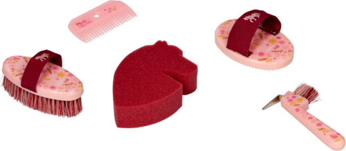 Das Bild zeigt ein Set von Pferdepflegeutensilien in rosa und rot. Es enthält eine Bürste, einen Hufauskratzer, einen Kamm, eine Schwamm in Pferdekopfform und eine weitere Bürste.
