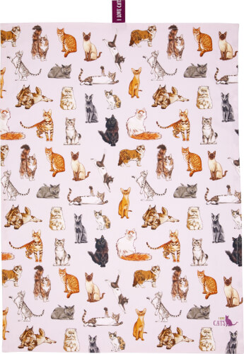 Auf dem Bild ist ein Tuch mit vielen verschiedenen Katzen in unterschiedlichen Farben und Posen zu sehen. Der Hintergrund ist weiß und die Katzen sind gezeichnet.
