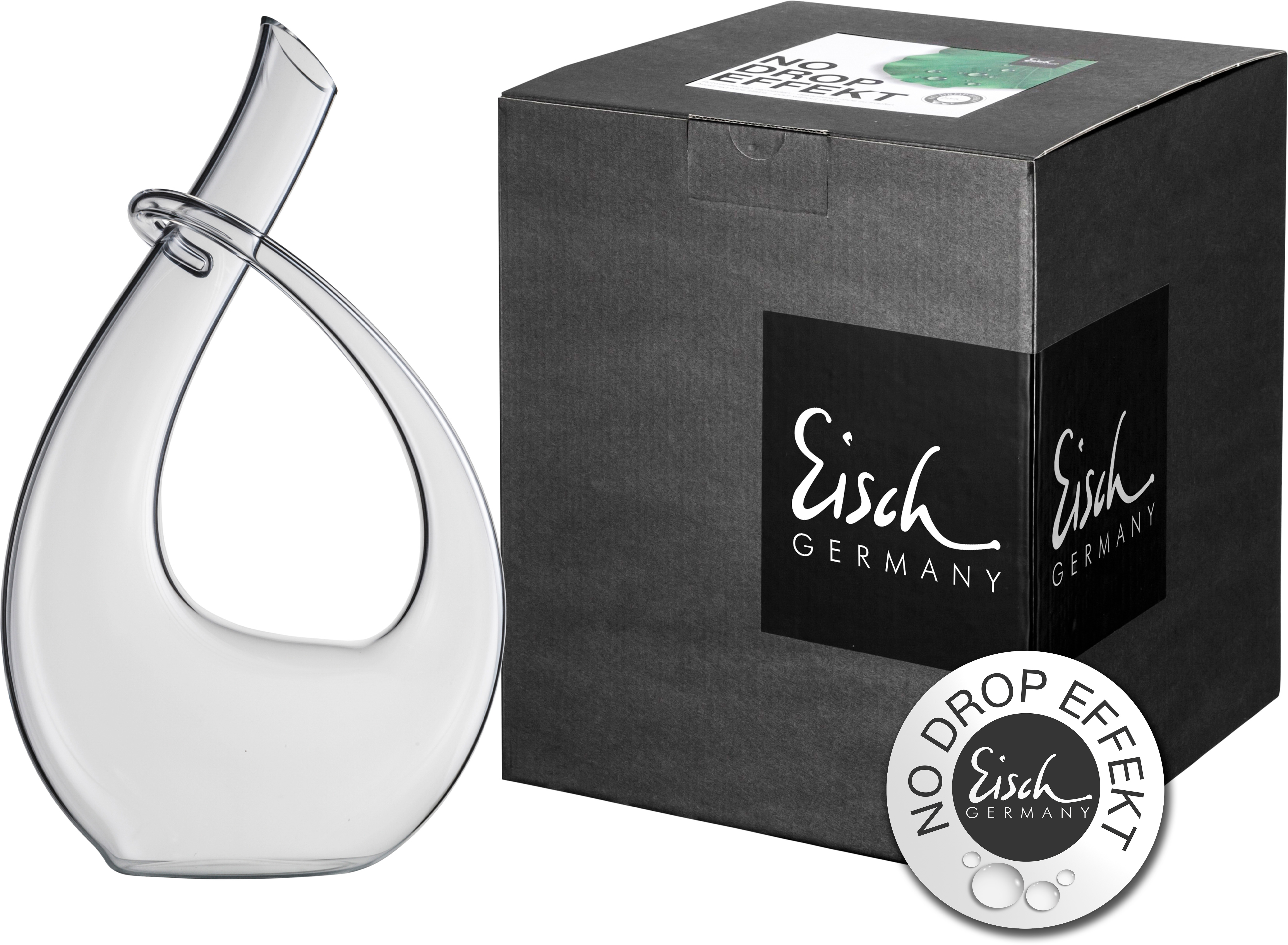 Das Bild zeigt eine elegante, moderne Glas-Karaffe neben einer schwarzen Verpackungsschachtel mit der Aufschrift "Eisch Germany". Auf der Verpackung befindet sich außerdem ein Siegel mit dem Hinweis "No Drop Effekt".