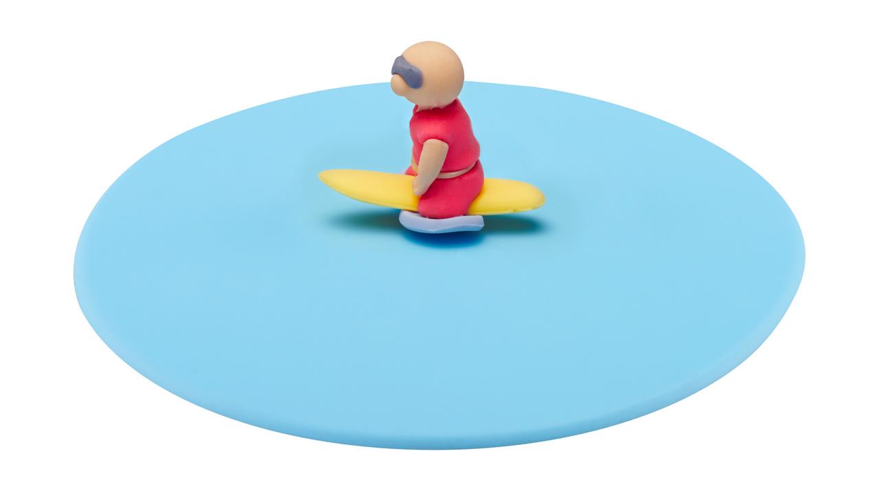 Auf dem Bild ist der "Mein Deckel Bobby Board" zu sehen. Es handelt sich um einen blauen Deckel mit einer kleinen Figur auf einem Surfbrett in der Mitte.