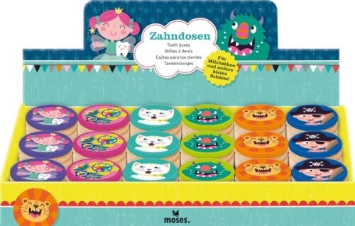 Auf dem Bild sind bunte Zahndosen mit verschiedenen kindlichen Motiven in einer Aufbewahrungsbox zu sehen. Die Dosen zeigen Illustrationen von Prinzessinnen, Piraten, Tigern und weiteren Figuren.