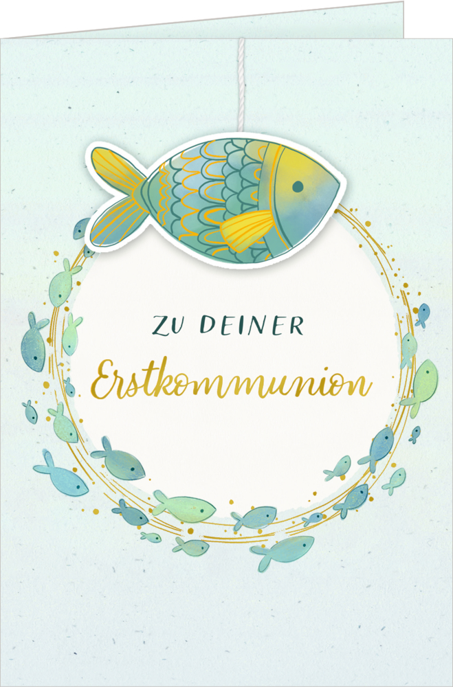 Eine Grußkarte zur Erstkommunion mit Fisch-Anhänger ist abgebildet. Die Karte eignet sich perfekt als Geschenk für diesen besonderen Anlass.