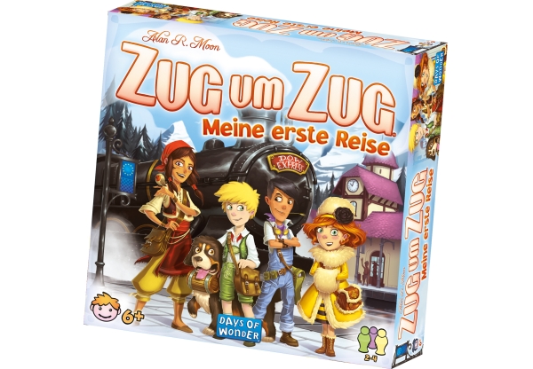 Auf dem Bild ist die Verpackung des Brettspiels "Zug um Zug: Meine erste Reise" zu sehen. Auf der Schachtel stehen vier Kinder und ein Hund vor einer Dampflok.