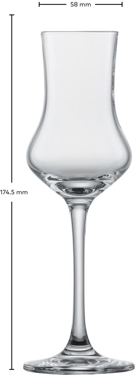 Das Bild zeigt ein elegantes Digestifglas mit einer Höhe von 174,5 mm und einem Durchmesser von 58 mm. Es gehört zum Produkt "A 6er Digestif Set Classico".