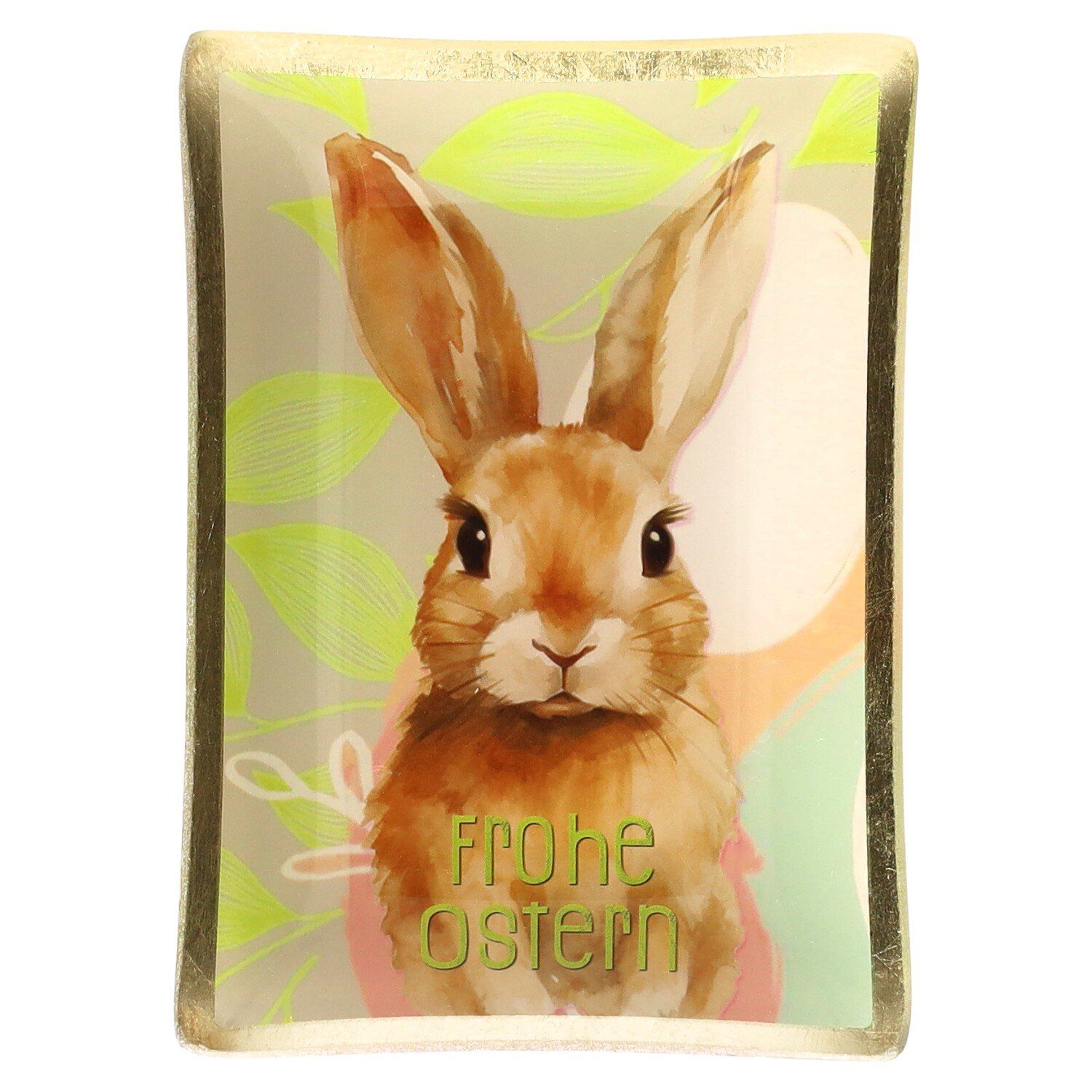 Mittlerer Glasteller aus der Love Plates Reihe mit Hasenmotiv und dem Text 'Frohe Oster'. Perfekt für festliche Anlässe.