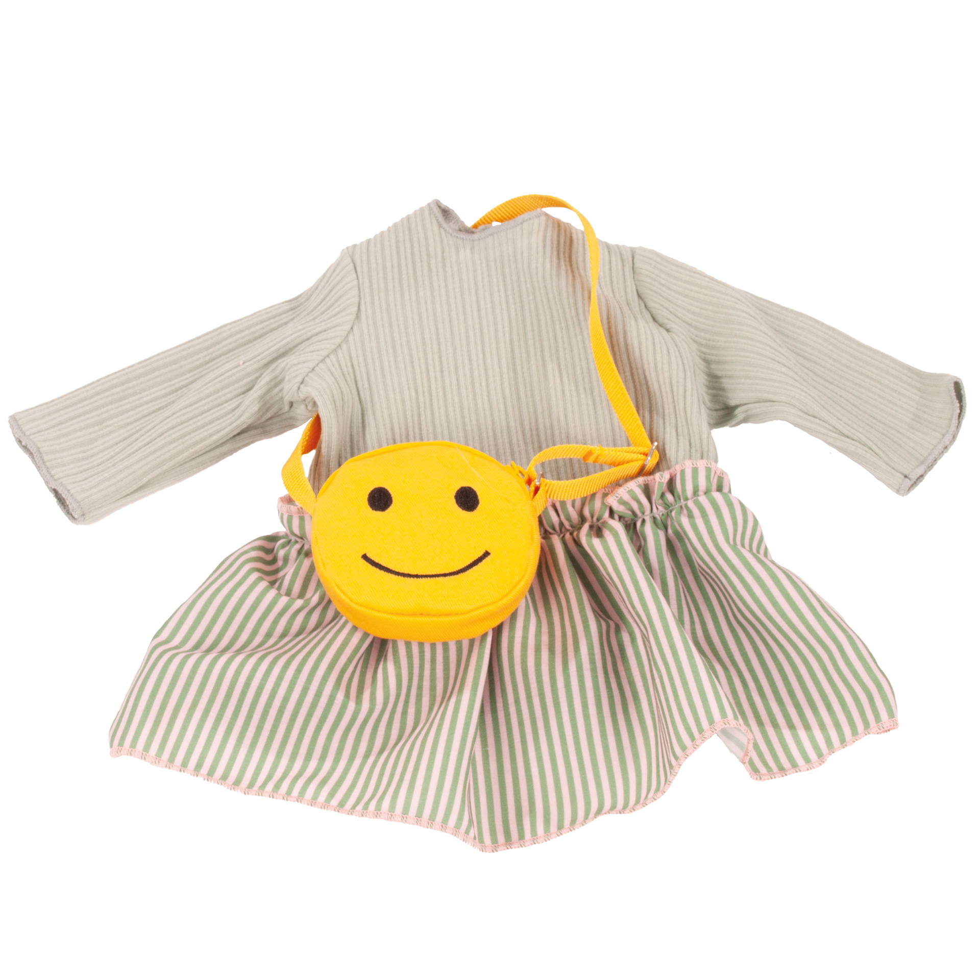 Das Bild zeigt das Produkt 'Ensemble, Happy Vibes 50cm'. Es handelt sich um ein Puppenkleid mit Tasche für eine 50 cm Stehpuppe.