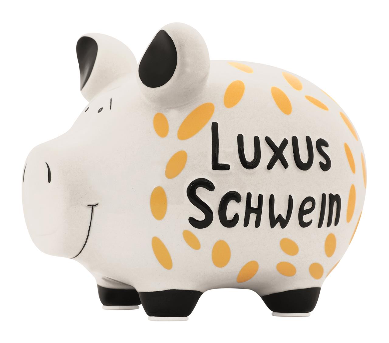 Das Bild zeigt ein weißes Sparschwein mit gelben Punkten und schwarzen Ohren. Auf der Seite steht in großen Buchstaben "Luxus Schwein".