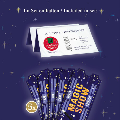 Das Bild zeigt fünf Eintrittskarten für eine Zaubershow und eine Anleitungskarte mit einer magischen Spirale. Der Hintergrund ist dunkelblau mit kleinen Sternen, und oben steht, was im Set enthalten ist.