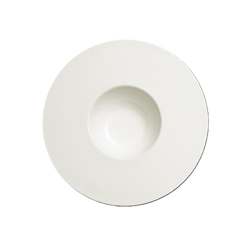 Ein tiefer Teller mit breitem Rand aus der Serie Pure Weiss ist abgebildet. Das Produkt ist 26 cm groß und hat ein Fassungsvermögen von 0,25 l.