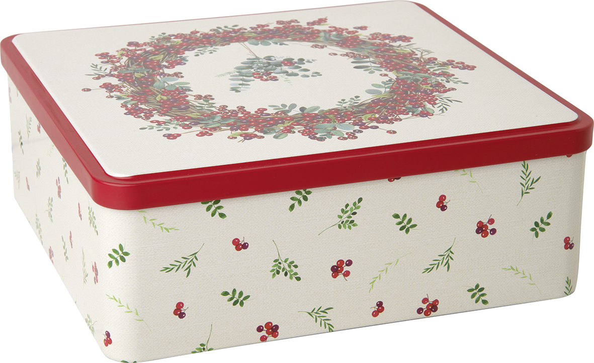 Die quadratische Gebäckdose ist cremefarben und hat einen roten Rand. Sie ist mit einem Beerenkranz auf dem Deckel und kleinen Beerenmotiven an den Seiten verziert.