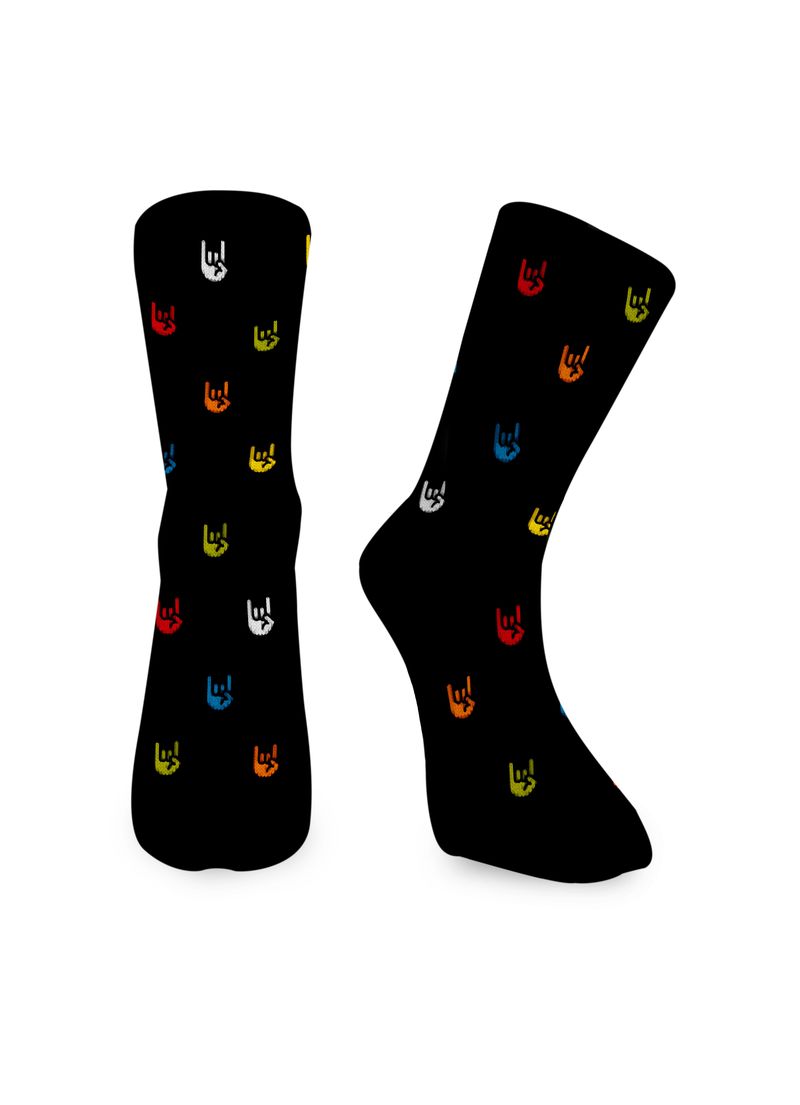 Auf dem Bild sind Socken Rock Hand zu sehen. Die Socken zeigen ein Motiv mit einer Rockhand.