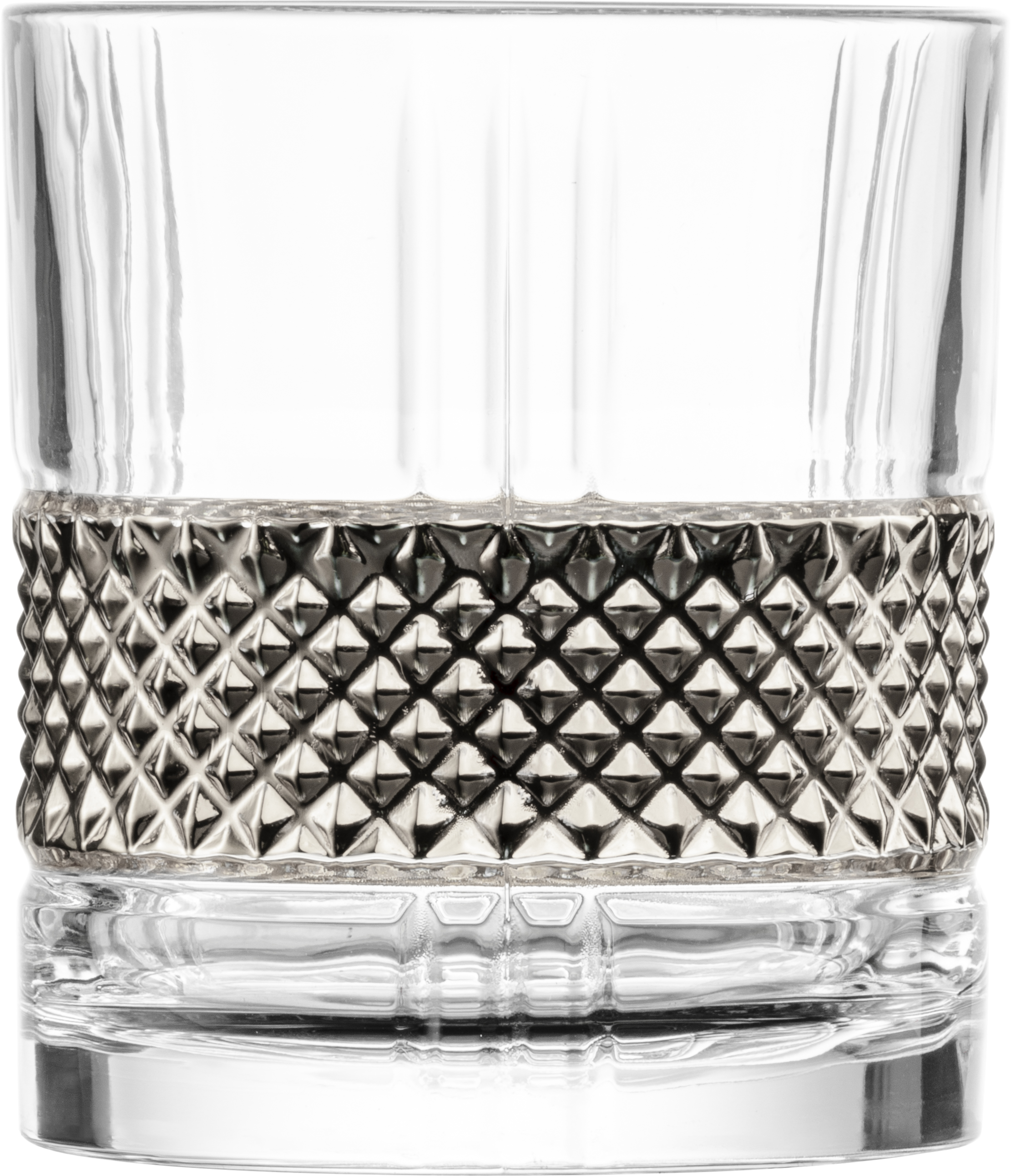 Das Bild zeigt ein klares Glas mit einem breiten, strukturierten Band in der Mitte. Das Band hat ein Rautenmuster und verleiht dem Glas ein elegantes Aussehen.