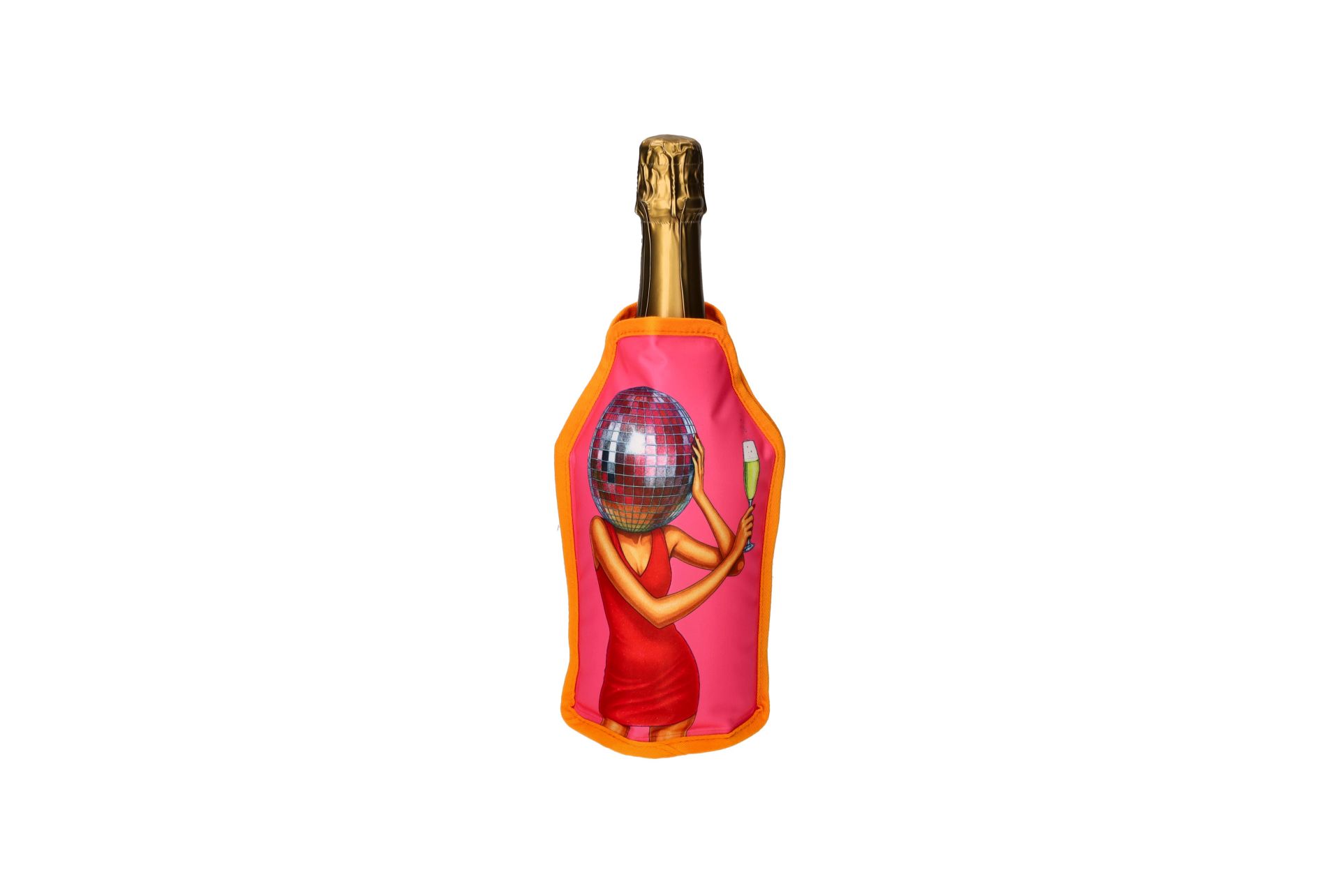 Dies ist die Froid Kühlmanschette mit dem Motiv Discokugel in neon pink. Perfekt, um Flaschen stilvoll zu kühlen.
