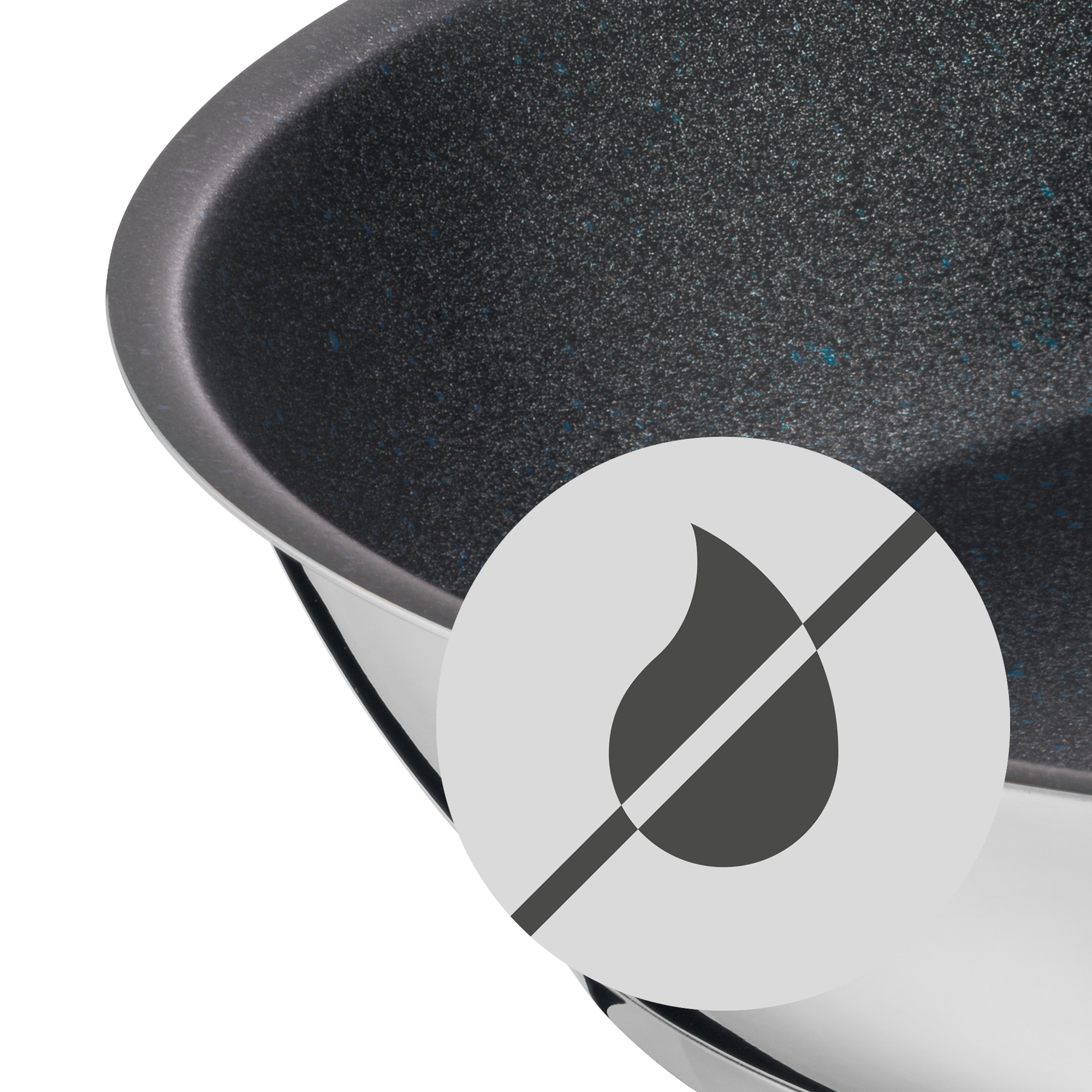 Das Bild zeigt eine Nahaufnahme einer Schüssel mit einer antihaftbeschichteten Oberfläche. In der Mitte ist ein Symbol mit einem durchgestrichenen Tropfen zu sehen, das auf eine fettfreie oder antihaftende Eigenschaft hinweist.