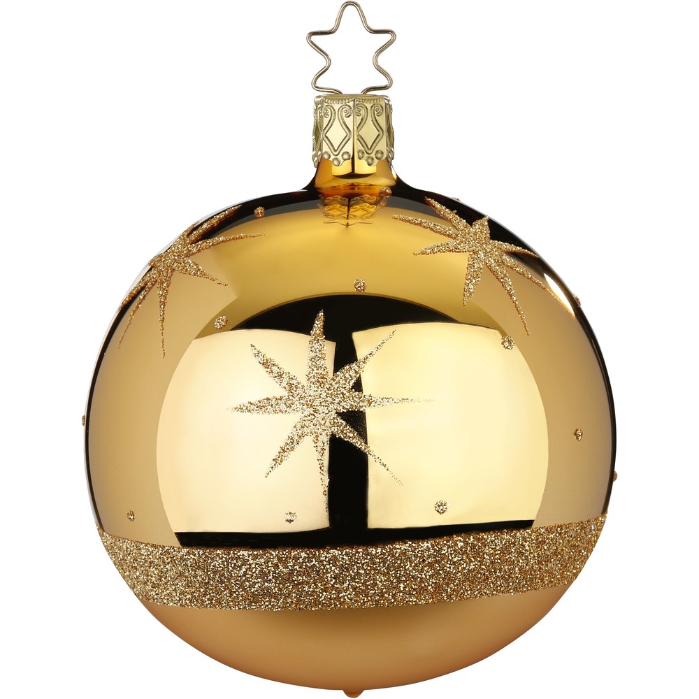 Die Abbildung zeigt eine glänzende, goldene Christbaumkugel mit glitzernden Sternmotiven. Am unteren Rand verläuft ein breites Band aus goldenem Glitter.