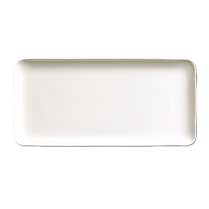 Abgebildet ist eine Platte aus Fine Bone China in Reinweiß, Größe 15 x 32 cm. Sie eignet sich ideal zum Servieren von Speisen.