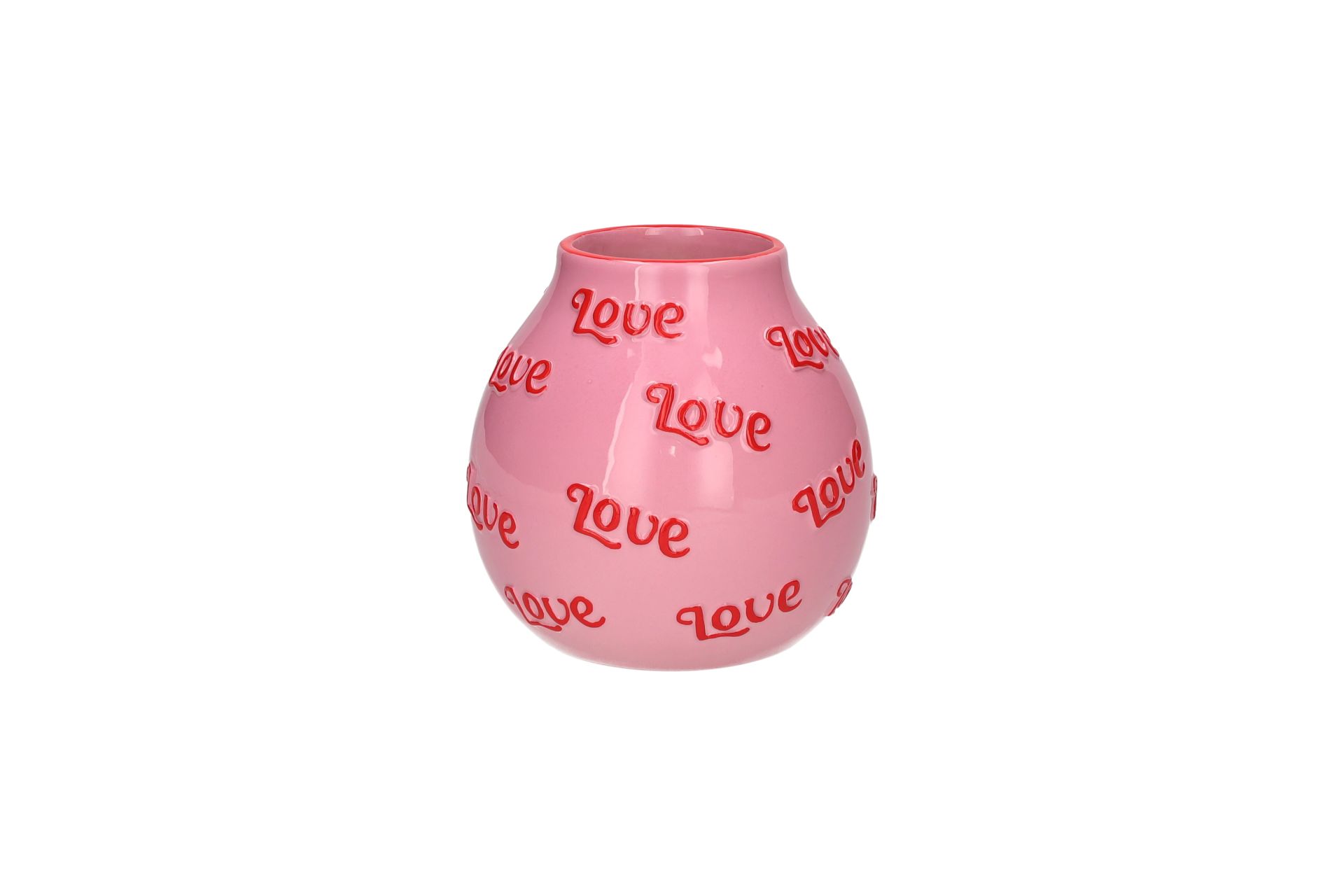 Hier sieht man die Artisan Vase Love in Größe S. Die Farben Rosa und Rot verleihen der Vase eine warme Ausstrahlung.