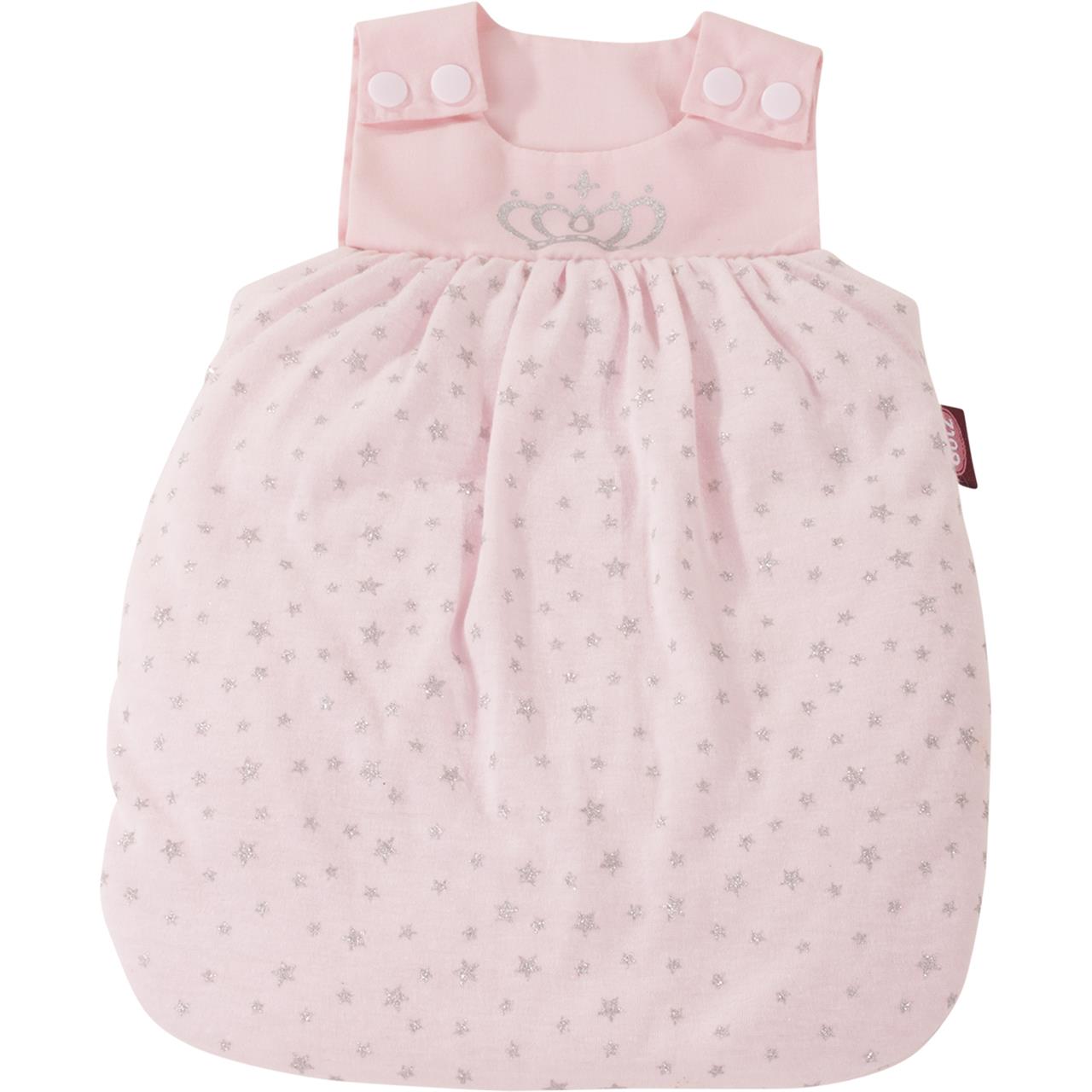 Der BC Schlafsack royal stars 30cm ist rosa und mit kleinen silbernen Sternen verziert. Oben hat er zwei Druckknöpfe und eine Krone als Motiv.