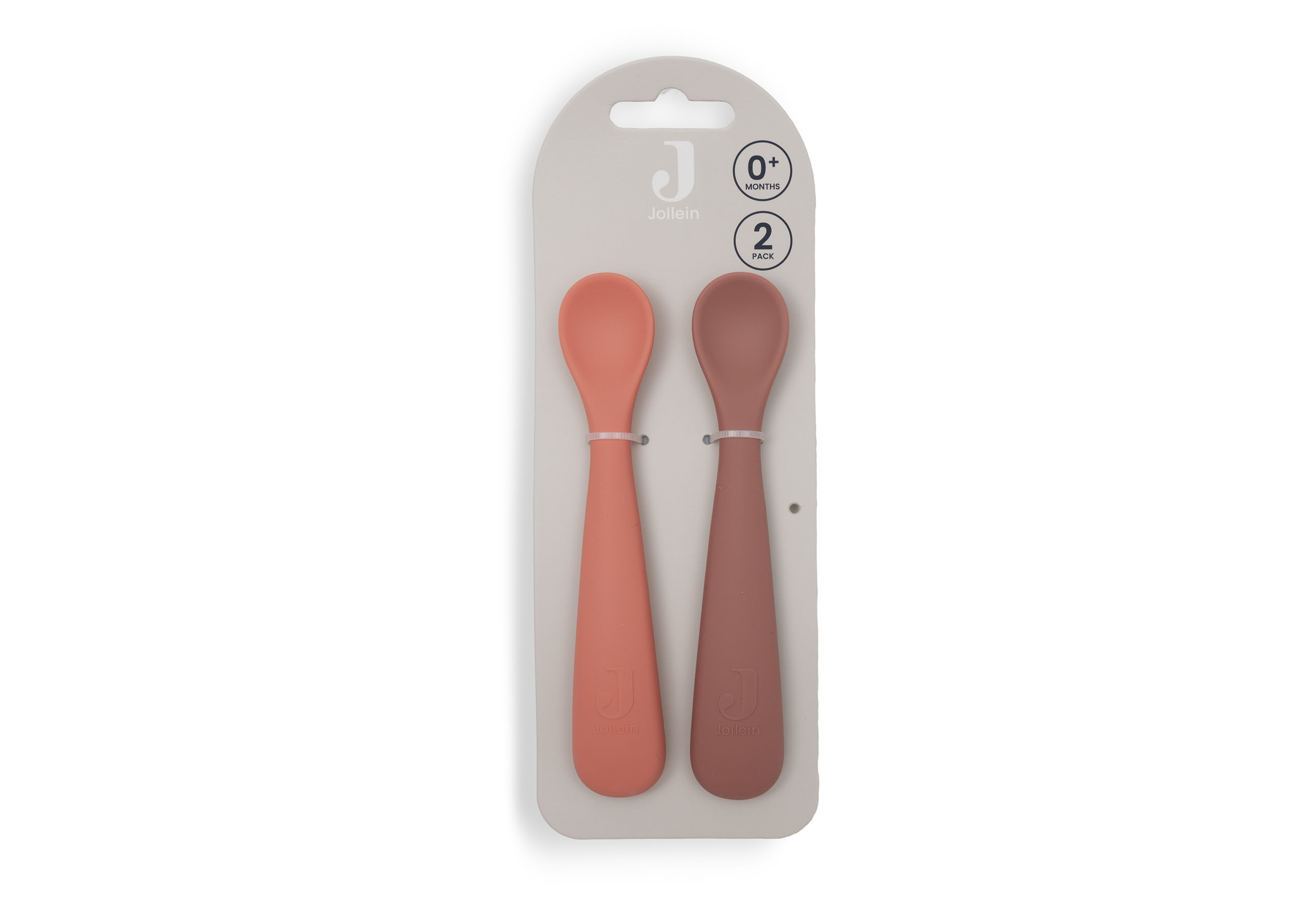 Hier sind zwei Löffel aus Silikon in Blush Shades zu sehen. Dank ihrer Form sind sie besonders praktisch für kleine Kinder.