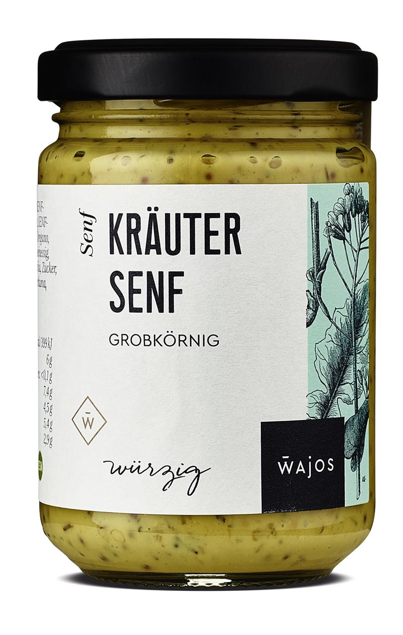 Das Bild zeigt ein Glas Kräuter Senf der Marke Wajos mit einem Inhalt von 140 ml. Das Etikett beschreibt den Senf als grobkörnig und würzig.