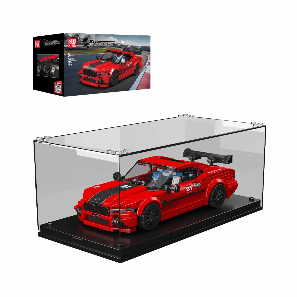 Abgebildet ist das Mould King® 27072 M8 + Showcase. Das Set enthält ein Modellfahrzeug mit dazugehöriger Vitrine.