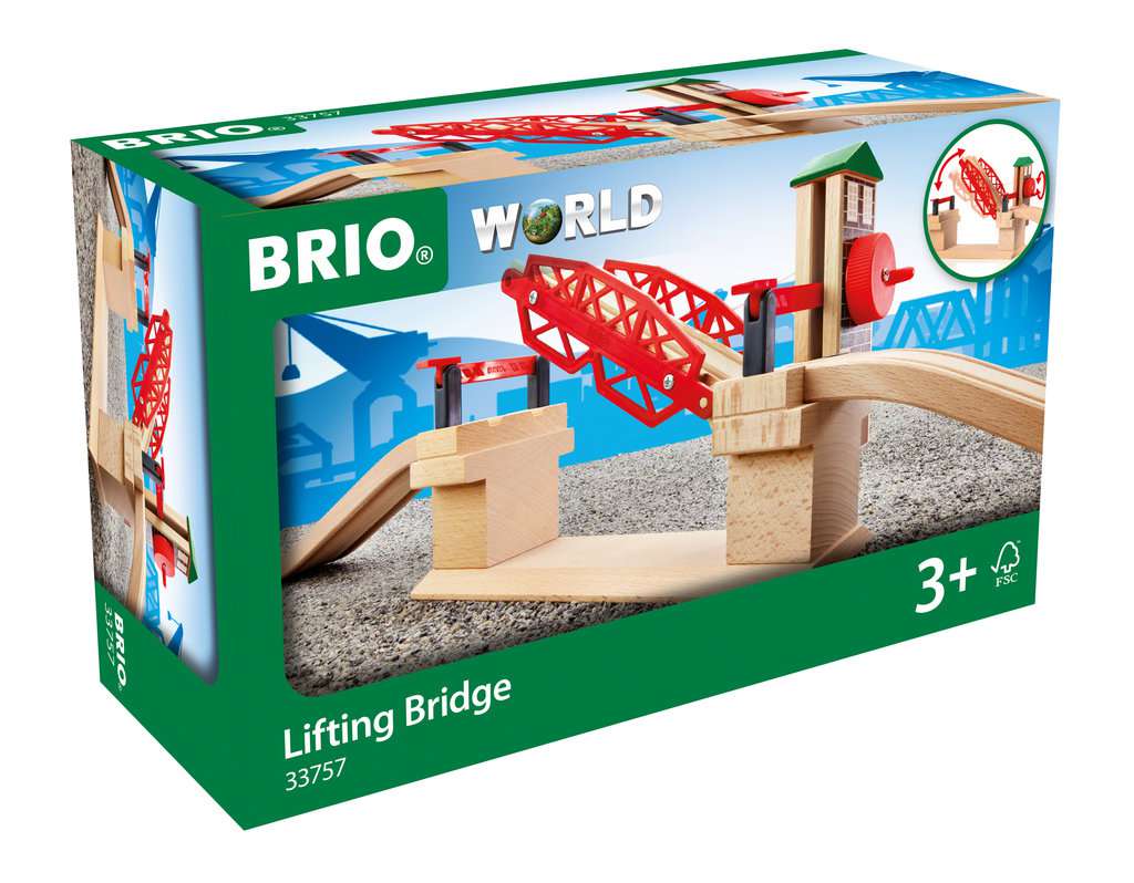 Auf dem Bild ist die Verpackung der BRIO® Hebebrücke 33757 zu sehen. Die Hebebrücke ist ein Holzspielzeug für Kinder ab 3 Jahren.