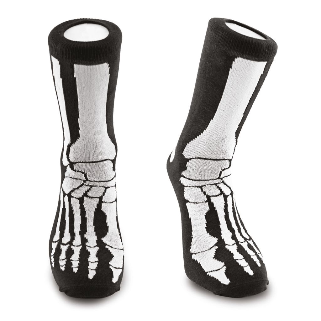 Hier sieht man Socken Skelett. Die Socken sind mit einem Skelett-Motiv verziert.