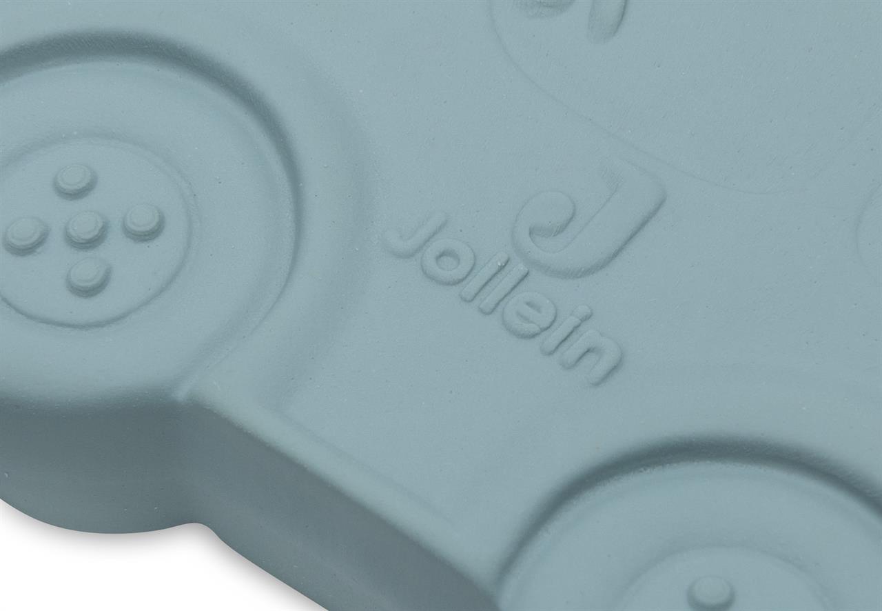 Das Bild zeigt einen Detailausschnitt des Beißrings aus Naturkautschuk „On The Go“. Auf dem Produkt ist der Markenname „Jollein“ eingeprägt.