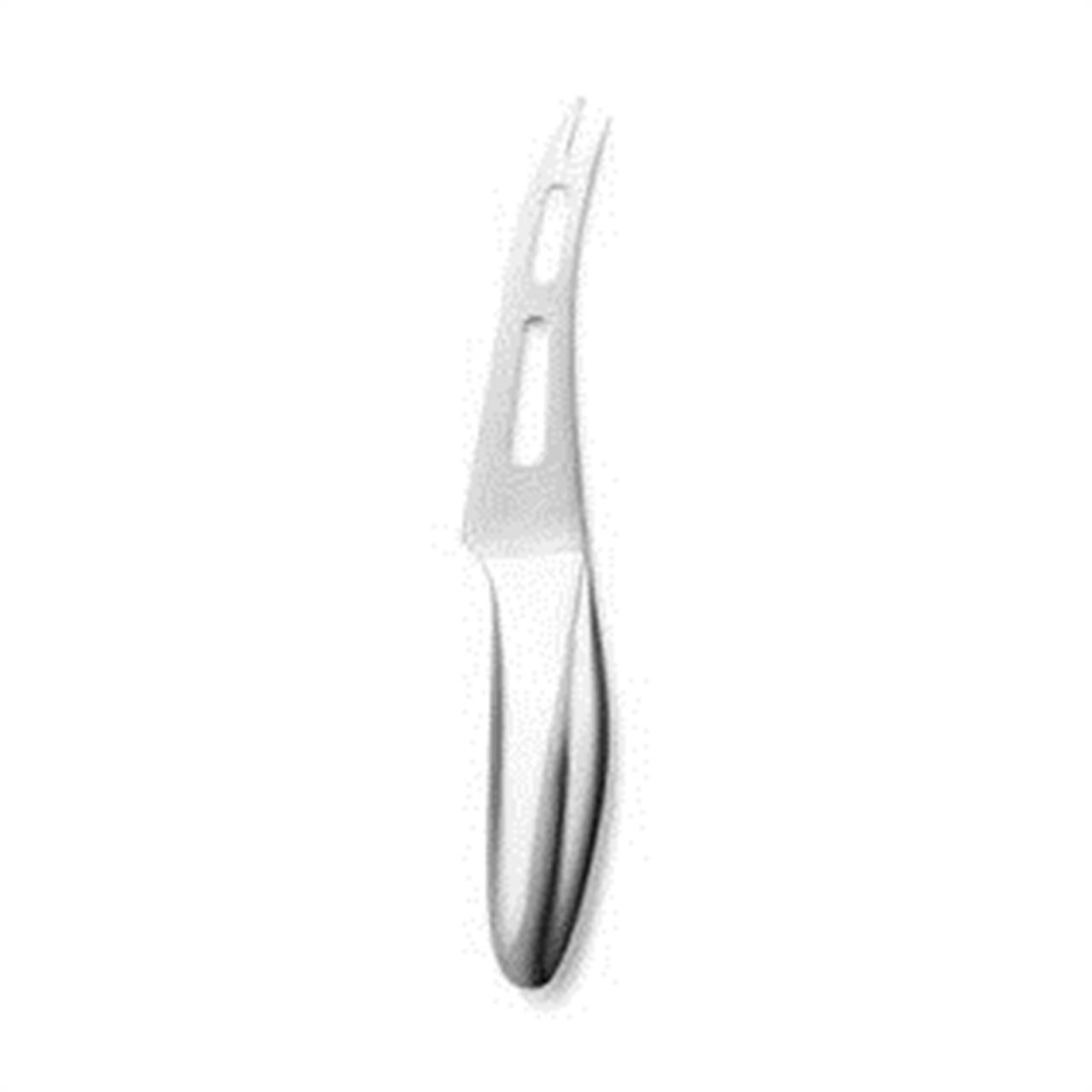 Das Bild zeigt ein Käsemesser aus Edelstahl mit ergonomischem Griff. Die Klinge hat Aussparungen und eine spitze Gabel am Ende.