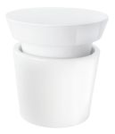 Das Bild zeigt einen weißen, runden Behälter mit Deckel. Der Behälter wirkt modern und minimalistisch im Design.