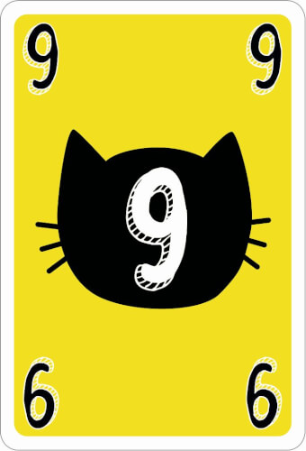 Diese Karte hat einen gelben Hintergrund mit einer schwarzen Katzenkopf-Silhouette in der Mitte. In jeder Ecke und auf dem Katzenkopf steht die Zahl 9.