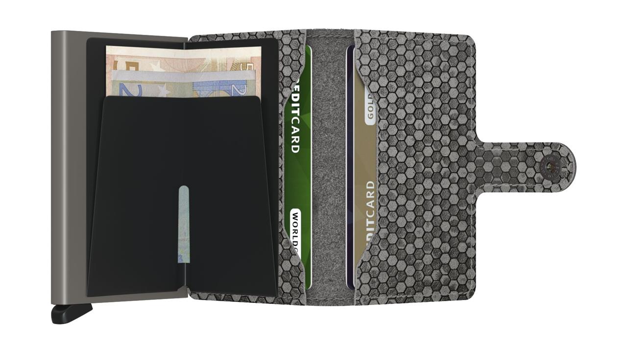 Das Bild zeigt das geöffnete Miniwallet Hexagon Grey mit einem grauen Wabenmuster. Im Inneren befinden sich Kartenfächer und ein Fach für Geldscheine.