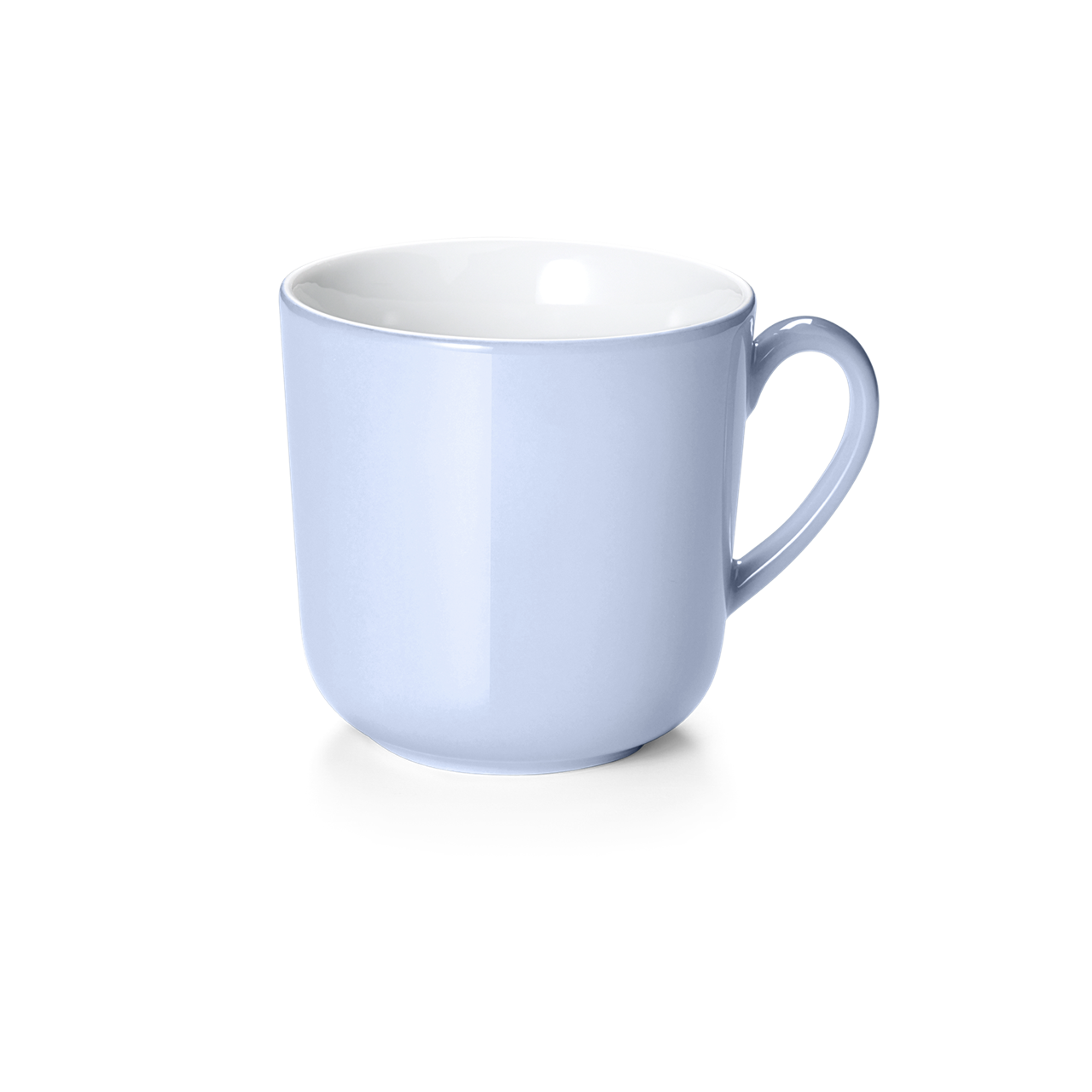 Auf dem Bild ist ein hellblauer Becher mit Henkel zu sehen. Der Becher hat ein Fassungsvermögen von 0,45 Litern und ein schlichtes, einfarbiges Design.