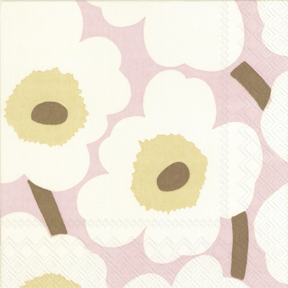 UNIKKO rose cream Lunch-Servietten sind auf diesem Bild zu sehen. Die Servietten haben ein blumiges Design in Creme und Rosatönen.